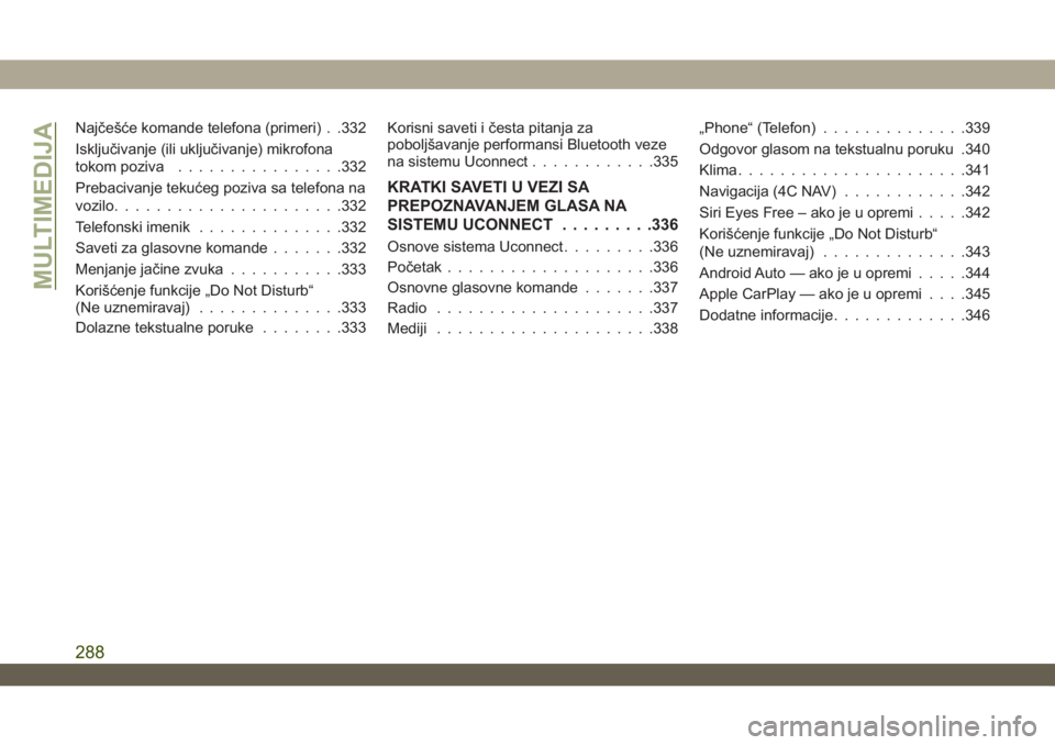 JEEP WRANGLER 2DOORS 2018  Knjižica za upotrebu i održavanje (in Serbian) Najčešće komande telefona (primeri) . .332
Isključivanje (ili uključivanje) mikrofona
tokom poziva................332
Prebacivanje tekućeg poziva sa telefona na
vozilo......................332
T
