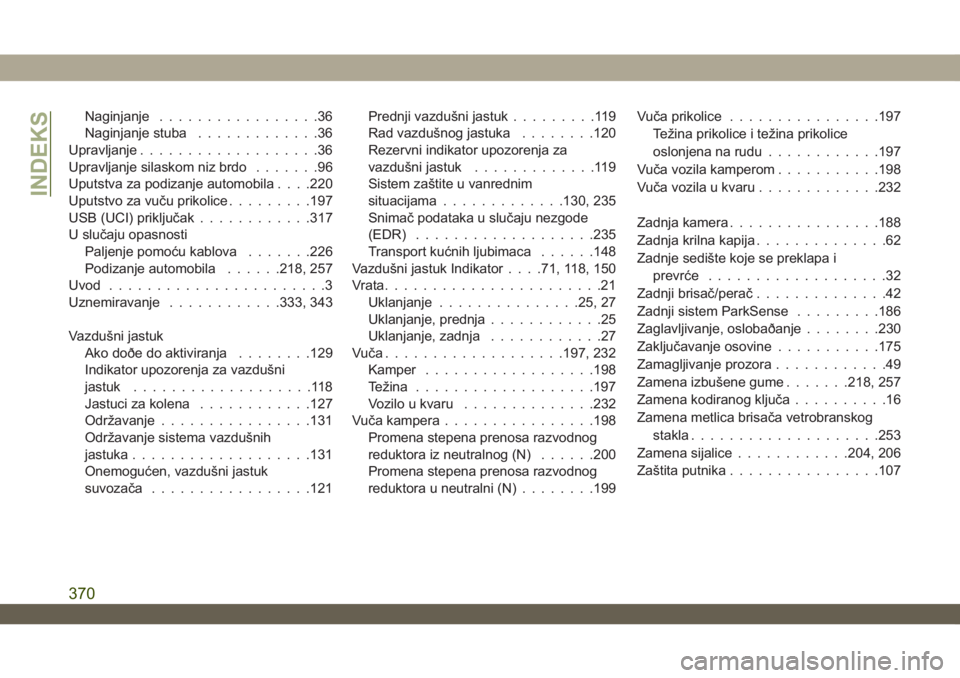 JEEP WRANGLER 2DOORS 2018  Knjižica za upotrebu i održavanje (in Serbian) Naginjanje.................36
Naginjanje stuba.............36
Upravljanje...................36
Upravljanje silaskom niz brdo.......96
Uputstva za podizanje automobila. . . .220
Uputstvo za vuču priko