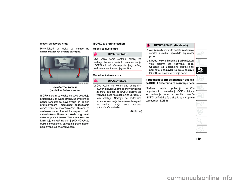 JEEP WRANGLER 2DOORS 2020 Knjižica za upotrebu i održavanje (in Serbian) 139
(Nastavak)
Modeli sa četvora vrata
Pričvršćivači za traku se nalaze na
naslonima zadnjih sedišta sa strane.Pričvršćivači za traku
(modeli sa četvora vrata)
ISOFIX sistemi za veziv JEEP WRANGLER 2DOORS 2020 Knjižica za upotrebu i održavanje (in Serbian) 139
(Nastavak)
Modeli sa četvora vrata
Pričvršćivači za traku se nalaze na
naslonima zadnjih sedišta sa strane.Pričvršćivači za traku
(modeli sa četvora vrata)
ISOFIX sistemi za veziv