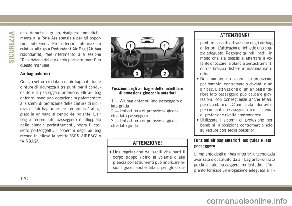 JEEP COMPASS 2018 Libretto Uso Manutenzione (in Italian) cesa durante la guida, rivolgersi immediata-
mente alla Rete Assistenziale per gli oppor-
tuni interventi. Per ulteriori informazioni
relative alla spia Redundant Air Bag (Air bag
ridondante), fare ri JEEP COMPASS 2018 Libretto Uso Manutenzione (in Italian) cesa durante la guida, rivolgersi immediata-
mente alla Rete Assistenziale per gli oppor-
tuni interventi. Per ulteriori informazioni
relative alla spia Redundant Air Bag (Air bag
ridondante), fare ri