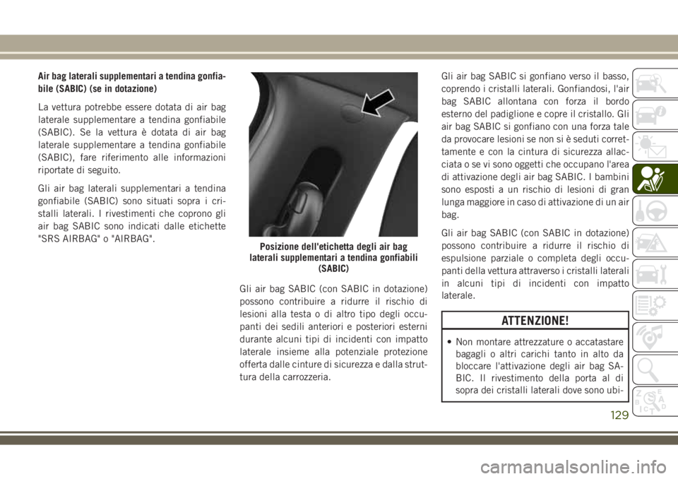 JEEP COMPASS 2018 Libretto Uso Manutenzione (in Italian) Air bag laterali supplementari a tendina gonfia-
bile (SABIC) (se in dotazione)
La vettura potrebbe essere dotata di air bag
laterale supplementare a tendina gonfiabile
(SABIC). Se la vettura è dotat JEEP COMPASS 2018 Libretto Uso Manutenzione (in Italian) Air bag laterali supplementari a tendina gonfia-
bile (SABIC) (se in dotazione)
La vettura potrebbe essere dotata di air bag
laterale supplementare a tendina gonfiabile
(SABIC). Se la vettura è dotat