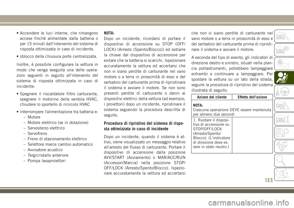 JEEP COMPASS 2018 Libretto Uso Manutenzione (in Italian) • Accendere le luci interne, che rimangono
accese finché alimentate dalla batteria o
per 15 minuti dall'intervento del sistema di
risposta ottimizzata in caso di incidente.
• sblocco della ch JEEP COMPASS 2018 Libretto Uso Manutenzione (in Italian) • Accendere le luci interne, che rimangono
accese finché alimentate dalla batteria o
per 15 minuti dall'intervento del sistema di
risposta ottimizzata in caso di incidente.
• sblocco della ch