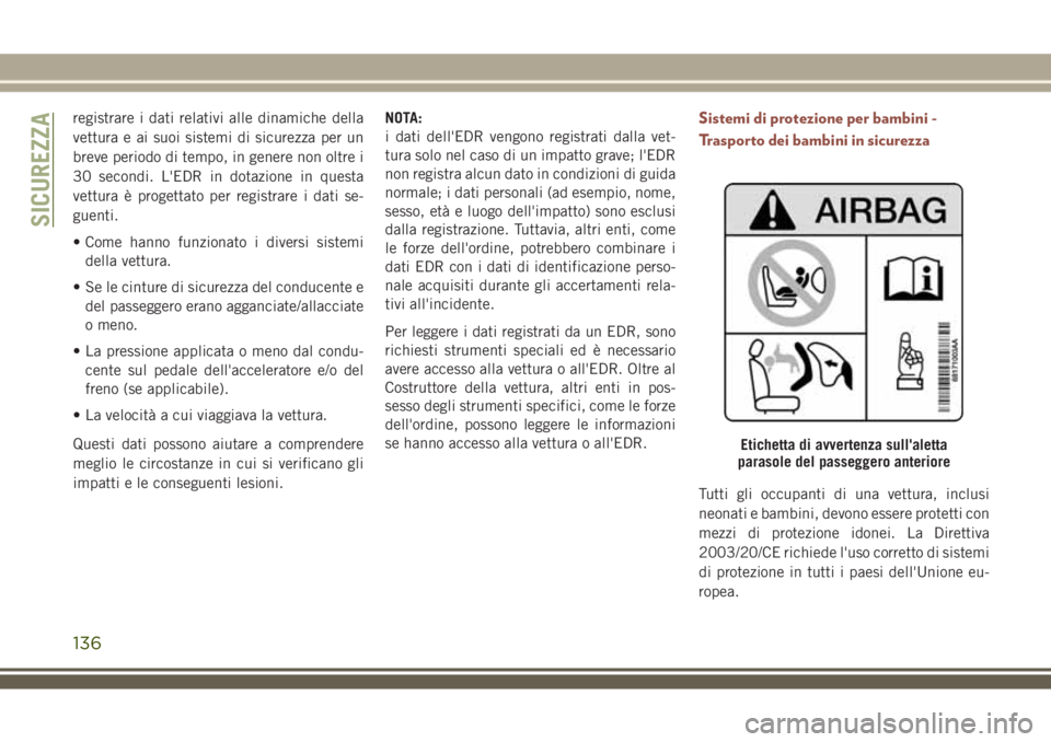 JEEP COMPASS 2018 Libretto Uso Manutenzione (in Italian) registrare i dati relativi alle dinamiche della
vettura e ai suoi sistemi di sicurezza per un
breve periodo di tempo, in genere non oltre i
30 secondi. L'EDR in dotazione in questa
vettura è prog JEEP COMPASS 2018 Libretto Uso Manutenzione (in Italian) registrare i dati relativi alle dinamiche della
vettura e ai suoi sistemi di sicurezza per un
breve periodo di tempo, in genere non oltre i
30 secondi. L'EDR in dotazione in questa
vettura è prog
