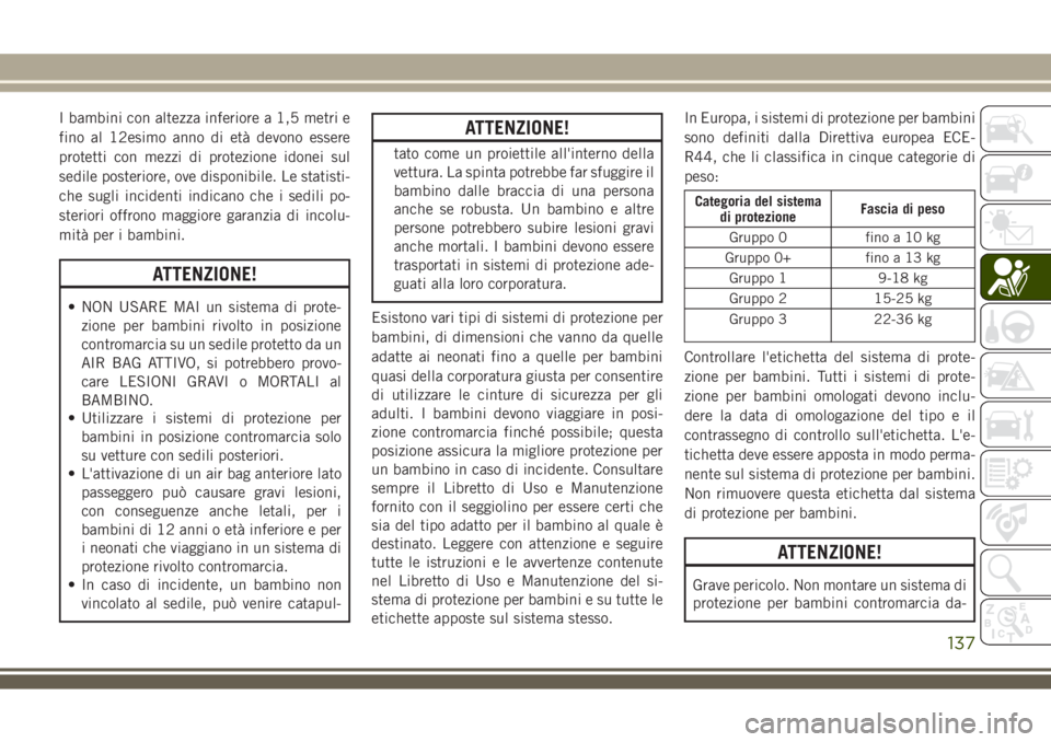 JEEP COMPASS 2018 Libretto Uso Manutenzione (in Italian) I bambini con altezza inferiore a 1,5 metri e
fino al 12esimo anno di età devono essere
protetti con mezzi di protezione idonei sul
sedile posteriore, ove disponibile. Le statisti-
che sugli incident JEEP COMPASS 2018 Libretto Uso Manutenzione (in Italian) I bambini con altezza inferiore a 1,5 metri e
fino al 12esimo anno di età devono essere
protetti con mezzi di protezione idonei sul
sedile posteriore, ove disponibile. Le statisti-
che sugli incident