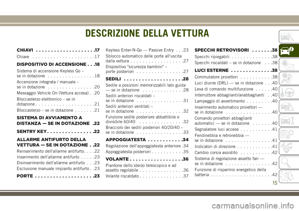 JEEP COMPASS 2018 Libretto Uso Manutenzione (in Italian) DESCRIZIONE DELLA VETTURA
CHIAVI....................17
Chiave.....................17
DISPOSITIVO DI ACCENSIONE . . .18
Sistema di accensione Keyless Go –
se in dotazione................18
Accensione JEEP COMPASS 2018 Libretto Uso Manutenzione (in Italian) DESCRIZIONE DELLA VETTURA
CHIAVI....................17
Chiave.....................17
DISPOSITIVO DI ACCENSIONE . . .18
Sistema di accensione Keyless Go –
se in dotazione................18
Accensione