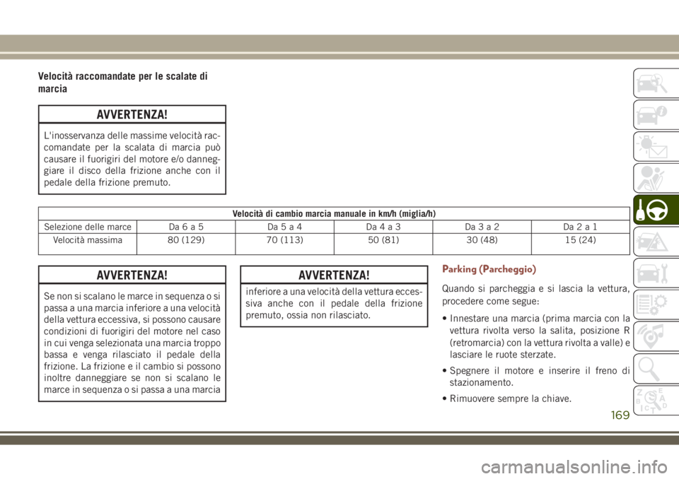 JEEP COMPASS 2018 Libretto Uso Manutenzione (in Italian) Velocità raccomandate per le scalate di
marcia
AVVERTENZA!
L'inosservanza delle massime velocità rac-
comandate per la scalata di marcia può
causare il fuorigiri del motore e/o danneg-
giare il JEEP COMPASS 2018 Libretto Uso Manutenzione (in Italian) Velocità raccomandate per le scalate di
marcia
AVVERTENZA!
L'inosservanza delle massime velocità rac-
comandate per la scalata di marcia può
causare il fuorigiri del motore e/o danneg-
giare il