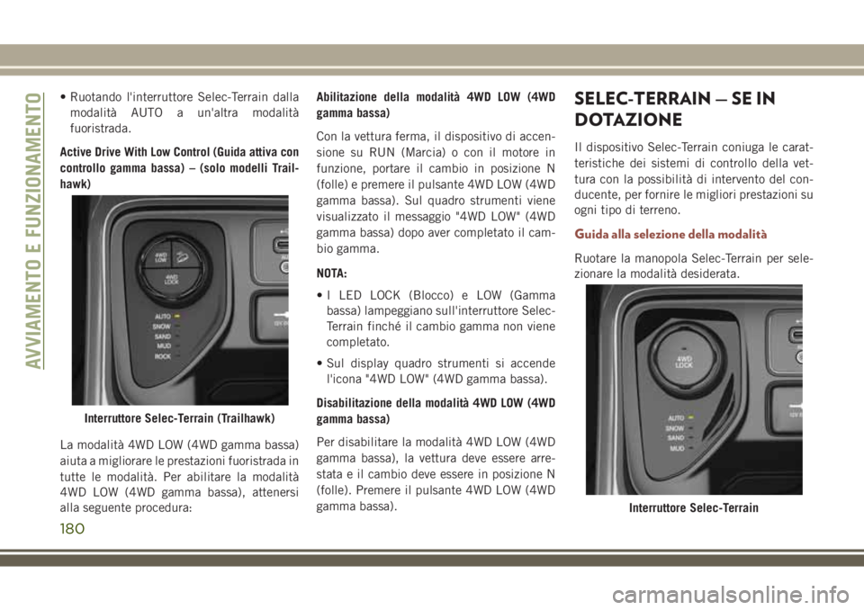 JEEP COMPASS 2018 Libretto Uso Manutenzione (in Italian) • Ruotando l'interruttore Selec-Terrain dalla
modalità AUTO a un'altra modalità
fuoristrada.
Active Drive With Low Control (Guida attiva con
controllo gamma bassa) – (solo modelli Trail- JEEP COMPASS 2018 Libretto Uso Manutenzione (in Italian) • Ruotando l'interruttore Selec-Terrain dalla
modalità AUTO a un'altra modalità
fuoristrada.
Active Drive With Low Control (Guida attiva con
controllo gamma bassa) – (solo modelli Trail-