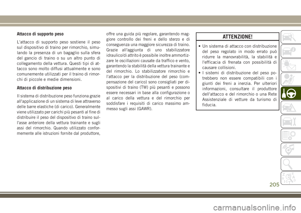 JEEP COMPASS 2018 Libretto Uso Manutenzione (in Italian) Attacco di supporto peso
L'attacco di supporto peso sostiene il peso
sul dispositivo di traino per rimorchio, simu-
lando la presenza di un bagaglio sulla sfera
del gancio di traino o su un altro JEEP COMPASS 2018 Libretto Uso Manutenzione (in Italian) Attacco di supporto peso
L'attacco di supporto peso sostiene il peso
sul dispositivo di traino per rimorchio, simu-
lando la presenza di un bagaglio sulla sfera
del gancio di traino o su un altro
