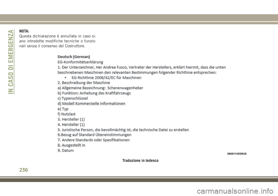 JEEP COMPASS 2018 Libretto Uso Manutenzione (in Italian) NOTA:
Questa dichiarazione è annullata in caso si-
ano introdotte modifiche tecniche o funzio-
nali senza il consenso del Costruttore.
Traduzione in tedesco
IN CASO DI EMERGENZA
236 JEEP COMPASS 2018 Libretto Uso Manutenzione (in Italian) NOTA:
Questa dichiarazione è annullata in caso si-
ano introdotte modifiche tecniche o funzio-
nali senza il consenso del Costruttore.
Traduzione in tedesco
IN CASO DI EMERGENZA
236