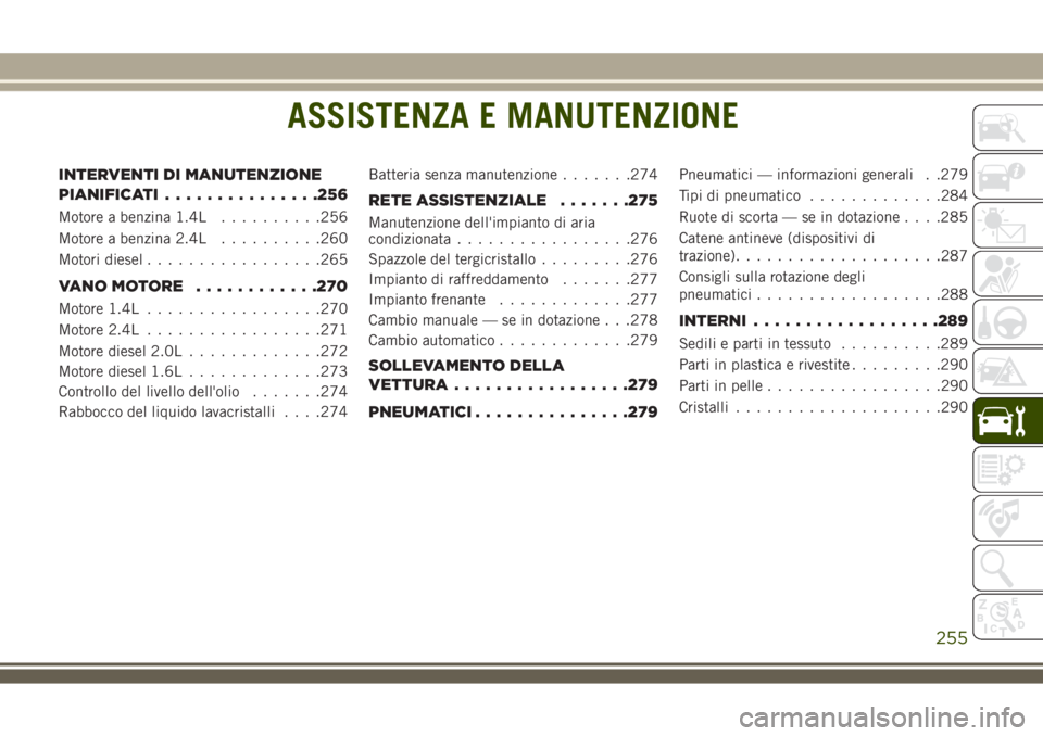 JEEP COMPASS 2018 Libretto Uso Manutenzione (in Italian) ASSISTENZA E MANUTENZIONE
INTERVENTI DI MANUTENZIONE
PIANIFICATI...............256
Motore a benzina 1.4L..........256
Motore a benzina 2.4L..........260
Motori diesel.................265
VANOMOTORE .. JEEP COMPASS 2018 Libretto Uso Manutenzione (in Italian) ASSISTENZA E MANUTENZIONE
INTERVENTI DI MANUTENZIONE
PIANIFICATI...............256
Motore a benzina 1.4L..........256
Motore a benzina 2.4L..........260
Motori diesel.................265
VANOMOTORE ..