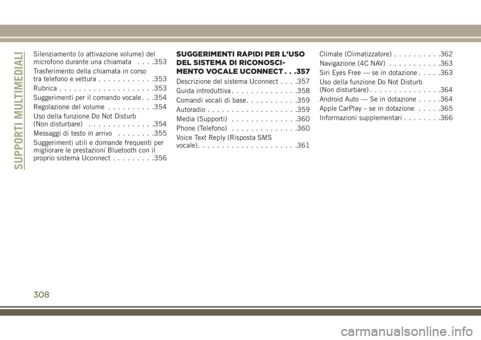 JEEP COMPASS 2018  Libretto Uso Manutenzione (in Italian) Silenziamento (o attivazione volume) del
microfono durante una chiamata. . . .353
Trasferimento della chiamata in corso
tra telefono e vettura............353
Rubrica....................353
Suggeriment