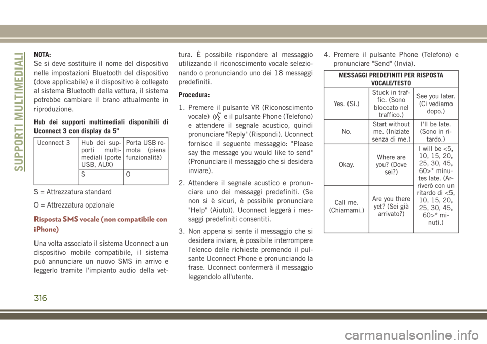 JEEP COMPASS 2018 Libretto Uso Manutenzione (in Italian) NOTA:
Se si deve sostituire il nome del dispositivo
nelle impostazioni Bluetooth del dispositivo
(dove applicabile) e il dispositivo è collegato
al sistema Bluetooth della vettura, il sistema
potrebb JEEP COMPASS 2018 Libretto Uso Manutenzione (in Italian) NOTA:
Se si deve sostituire il nome del dispositivo
nelle impostazioni Bluetooth del dispositivo
(dove applicabile) e il dispositivo è collegato
al sistema Bluetooth della vettura, il sistema
potrebb