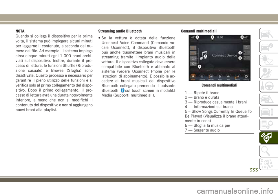 JEEP COMPASS 2018 Libretto Uso Manutenzione (in Italian) NOTA:
Quando si collega il dispositivo per la prima
volta, il sistema può impiegare alcuni minuti
per leggerne il contenuto, a seconda del nu-
mero dei file. Ad esempio, il sistema impiega
circa cinq JEEP COMPASS 2018 Libretto Uso Manutenzione (in Italian) NOTA:
Quando si collega il dispositivo per la prima
volta, il sistema può impiegare alcuni minuti
per leggerne il contenuto, a seconda del nu-
mero dei file. Ad esempio, il sistema impiega
circa cinq
