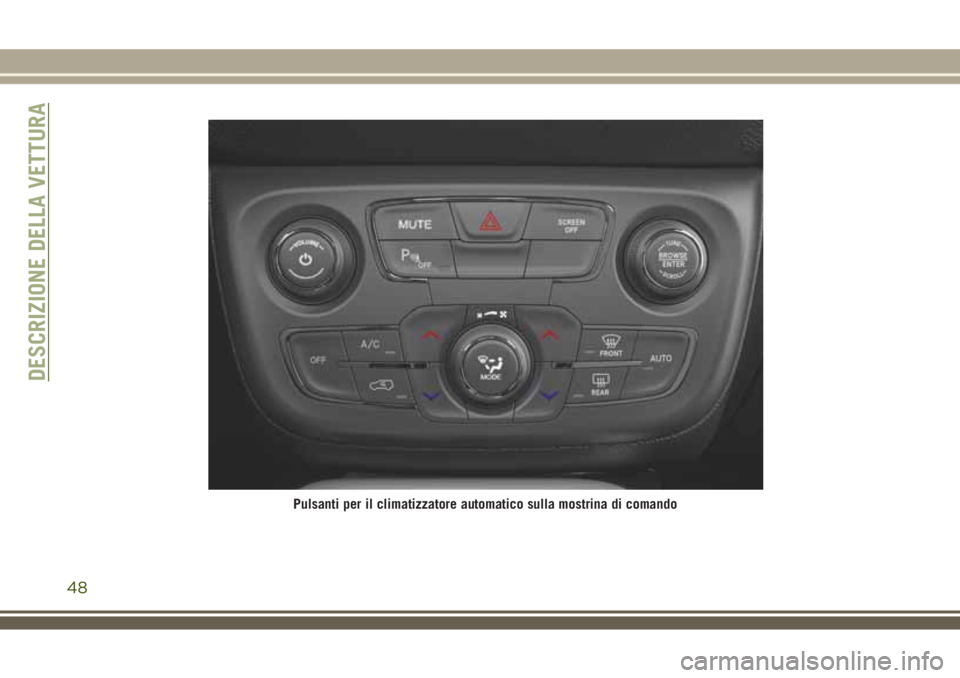 JEEP COMPASS 2018 Libretto Uso Manutenzione (in Italian) Pulsanti per il climatizzatore automatico sulla mostrina di comando
DESCRIZIONE DELLA VETTURA
48 JEEP COMPASS 2018 Libretto Uso Manutenzione (in Italian) Pulsanti per il climatizzatore automatico sulla mostrina di comando
DESCRIZIONE DELLA VETTURA
48