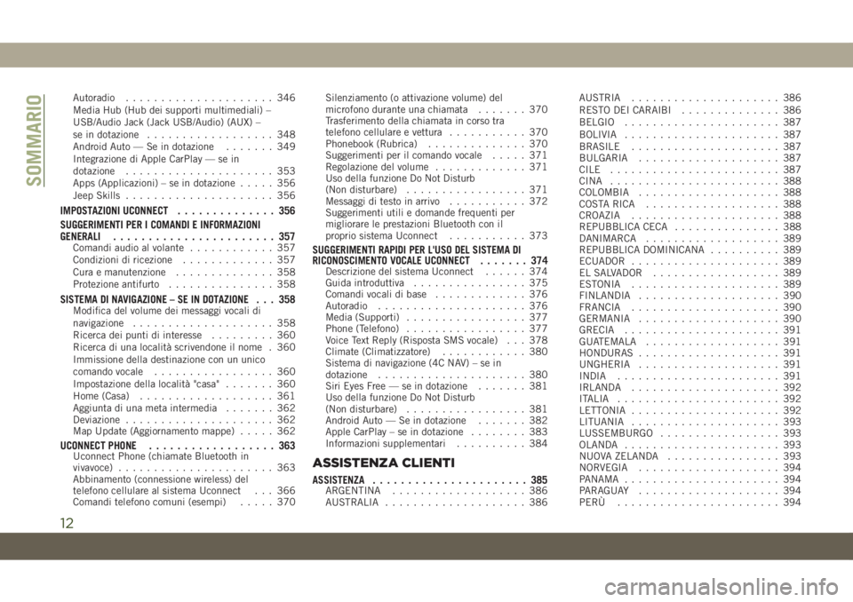 JEEP COMPASS 2019  Libretto Uso Manutenzione (in Italian) Autoradio ..................... 346
Media Hub (Hub dei supporti multimediali) –
USB/Audio Jack (Jack USB/Audio) (AUX) –
seindotazione .................. 348
Android Auto — Se in dotazione.......