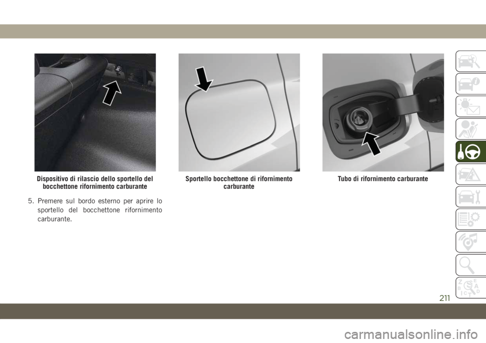 JEEP COMPASS 2019 Libretto Uso Manutenzione (in Italian) 5. Premere sul bordo esterno per aprire lo
sportello del bocchettone rifornimento
carburante.
Dispositivo di rilascio dello sportello del
bocchettone rifornimento carburanteSportello bocchettone di ri JEEP COMPASS 2019 Libretto Uso Manutenzione (in Italian) 5. Premere sul bordo esterno per aprire lo
sportello del bocchettone rifornimento
carburante.
Dispositivo di rilascio dello sportello del
bocchettone rifornimento carburanteSportello bocchettone di ri