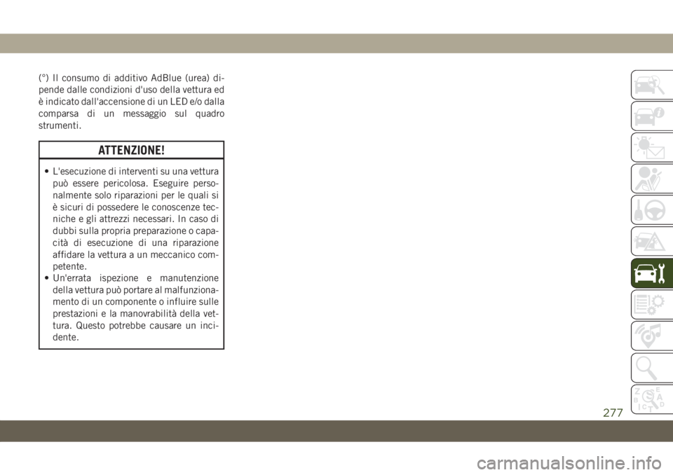 JEEP COMPASS 2019  Libretto Uso Manutenzione (in Italian) (°) Il consumo di additivo AdBlue (urea) di-
pende dalle condizioni d'uso della vettura ed
è indicato dall'accensione di un LED e/o dalla
comparsa di un messaggio sul quadro
strumenti.
ATTEN