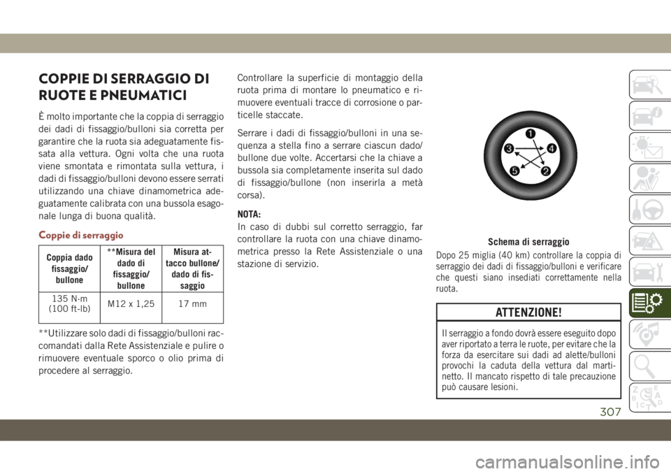 JEEP COMPASS 2019  Libretto Uso Manutenzione (in Italian) COPPIE DI SERRAGGIO DI
RUOTE E PNEUMATICI
È molto importante che la coppia di serraggio
dei dadi di fissaggio/bulloni sia corretta per
garantire che la ruota sia adeguatamente fis-
sata alla vettura.