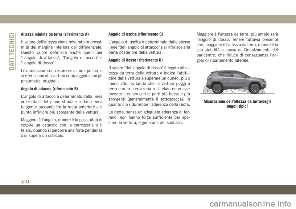 JEEP COMPASS 2019 Libretto Uso Manutenzione (in Italian) Altezza minima da terra (riferimento A)
Il valore dell'altezza viene misurato in prossi-
mità del margine inferiore del differenziale.
Questo valore definisce anche quelli per
"l'angolo d JEEP COMPASS 2019 Libretto Uso Manutenzione (in Italian) Altezza minima da terra (riferimento A)
Il valore dell'altezza viene misurato in prossi-
mità del margine inferiore del differenziale.
Questo valore definisce anche quelli per
"l'angolo d
