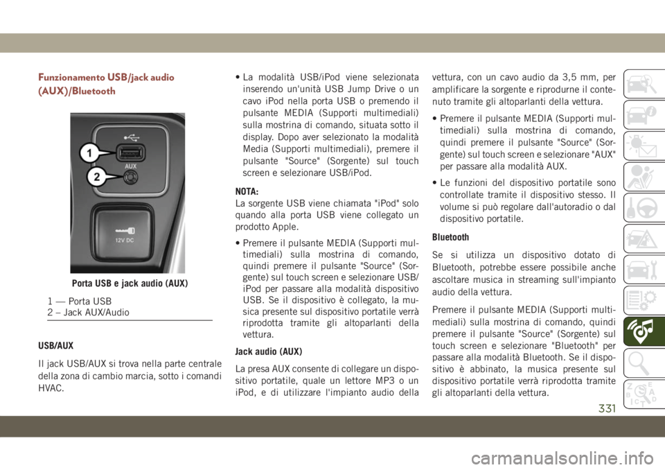 JEEP COMPASS 2019  Libretto Uso Manutenzione (in Italian) Funzionamento USB/jack audio
(AUX)/Bluetooth
USB/AUX
Il jack USB/AUX si trova nella parte centrale
della zona di cambio marcia, sotto i comandi
HVAC.• La modalità USB/iPod viene selezionata
inseren