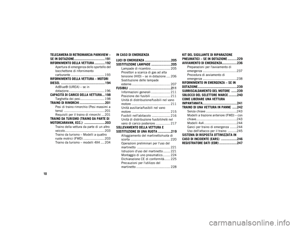 JEEP COMPASS 2020 Libretto Uso Manutenzione (in Italian) 10
TELECAMERA DI RETROMARCIA PARKVIEW –
SE IN DOTAZIONE................................. 191
RIFORNIMENTO DELLA VETTURA ........... 192
Apertura di emergenza dello sportello del
bocchettone di rif JEEP COMPASS 2020 Libretto Uso Manutenzione (in Italian) 10
TELECAMERA DI RETROMARCIA PARKVIEW –
SE IN DOTAZIONE................................. 191
RIFORNIMENTO DELLA VETTURA ........... 192
Apertura di emergenza dello sportello del
bocchettone di rif