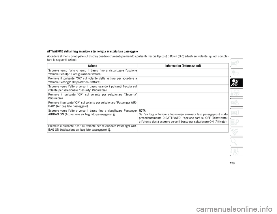 JEEP COMPASS 2020  Libretto Uso Manutenzione (in Italian) 123
ATTIVAZIONE dell'air bag anteriore a tecnologia avanzata lato passeggero
Accedere al menu principale sul display quadro strumenti premendo i pulsanti freccia Up (Su) o Down (Giù) situati sul 