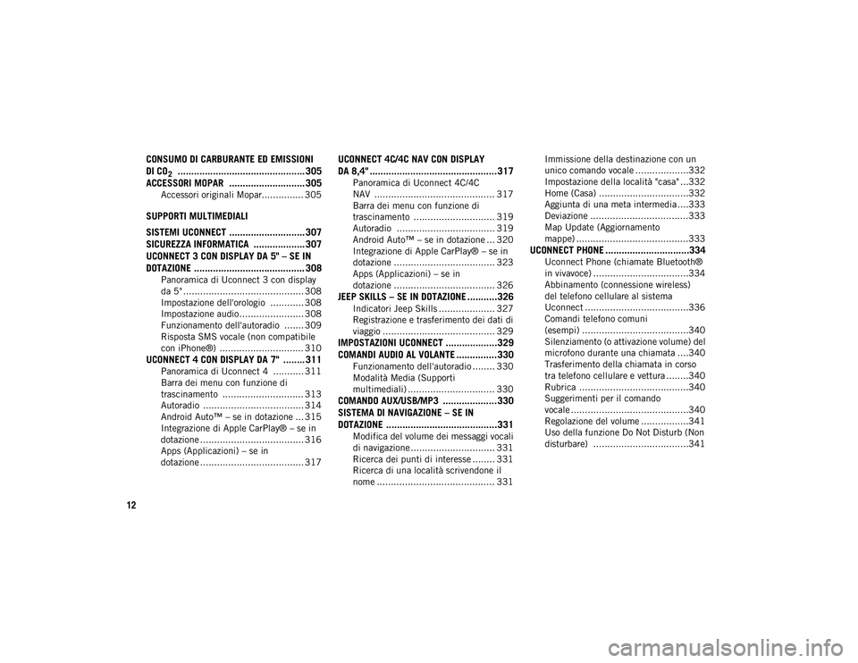 JEEP COMPASS 2020 Libretto Uso Manutenzione (in Italian) 12
CONSUMO DI CARBURANTE ED EMISSIONI
DI CO
2 ............................................... 305
ACCESSORI MOPAR ............................ 305
Accessori originali Mopar............... 305
SUPPO JEEP COMPASS 2020 Libretto Uso Manutenzione (in Italian) 12
CONSUMO DI CARBURANTE ED EMISSIONI
DI CO
2 ............................................... 305
ACCESSORI MOPAR ............................ 305
Accessori originali Mopar............... 305
SUPPO