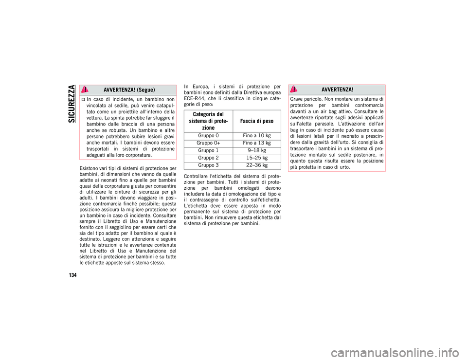 JEEP COMPASS 2020 Libretto Uso Manutenzione (in Italian) SICUREZZA
134
Esistono vari tipi di sistemi di protezione per
bambini, di dimensioni che vanno da quelle
adatte ai neonati fino a quelle per bambini
quasi della corporatura giusta per consentir JEEP COMPASS 2020 Libretto Uso Manutenzione (in Italian) SICUREZZA
134
Esistono vari tipi di sistemi di protezione per
bambini, di dimensioni che vanno da quelle
adatte ai neonati fino a quelle per bambini
quasi della corporatura giusta per consentir