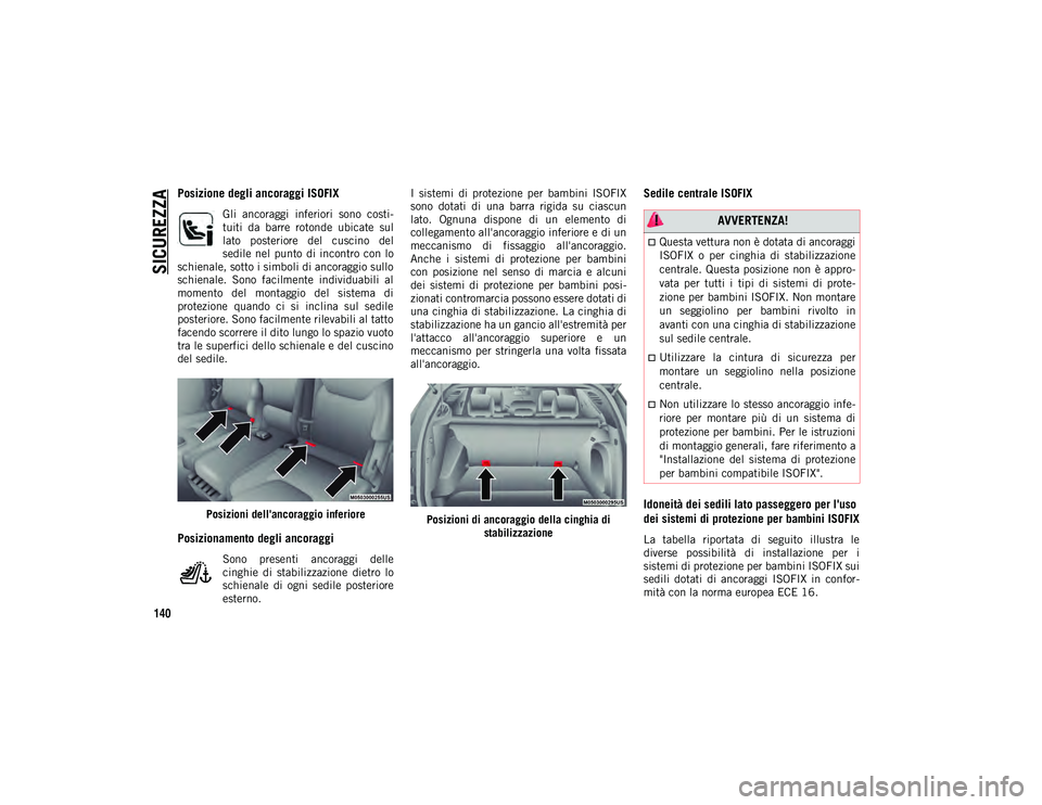 JEEP COMPASS 2020  Libretto Uso Manutenzione (in Italian) SICUREZZA
140
Posizione degli ancoraggi ISOFIX
Gli  ancoraggi  inferiori  sono  costi-
tuiti  da  barre  rotonde  ubicate  sul
lato  posteriore  del  cuscino  del
sedile nel  punto  di incontro  con  