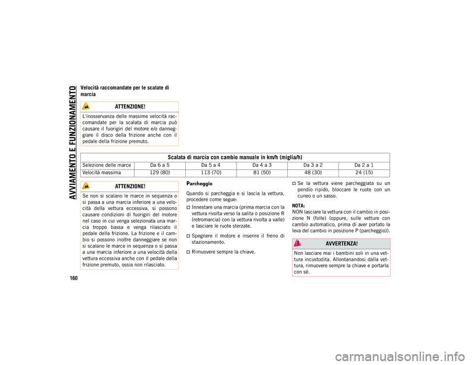 JEEP COMPASS 2020 Libretto Uso Manutenzione (in Italian) AVVIAMENTO E FUNZIONAMENTO
160
Velocità raccomandate per le scalate di
marciaParcheggio
Quando si parcheggia e si lascia la vettura,
procedere come segue:
Innestare una marcia (prima marci JEEP COMPASS 2020 Libretto Uso Manutenzione (in Italian) AVVIAMENTO E FUNZIONAMENTO
160
Velocità raccomandate per le scalate di
marciaParcheggio
Quando si parcheggia e si lascia la vettura,
procedere come segue:
Innestare una marcia (prima marci