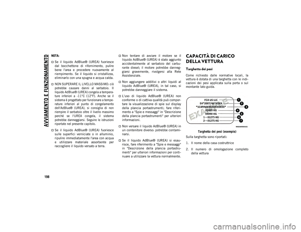 JEEP COMPASS 2020  Libretto Uso Manutenzione (in Italian) AVVIAMENTO E FUNZIONAMENTO
198
NOTA:
Se  il  liquido  AdBlue®  (UREA)  fuoriesce
dal  bocchettone  di  rifornimento,  pulire
bene  l'area  e  procedere  nuovamente  al
riempimento.  Se  il  li