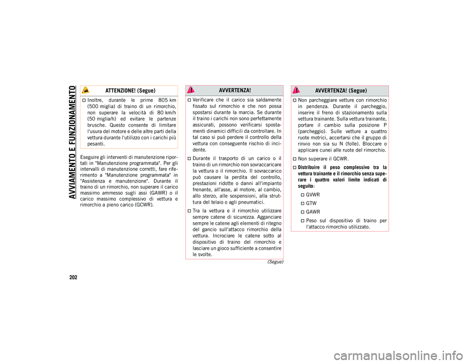 JEEP COMPASS 2020  Libretto Uso Manutenzione (in Italian) AVVIAMENTO E FUNZIONAMENTO
202
(Segue)
Eseguire gli interventi di manutenzione ripor-
tati in "Manutenzione programmata". Per gli
intervalli di  manutenzione corretti,  fare rife -
rimento  a 