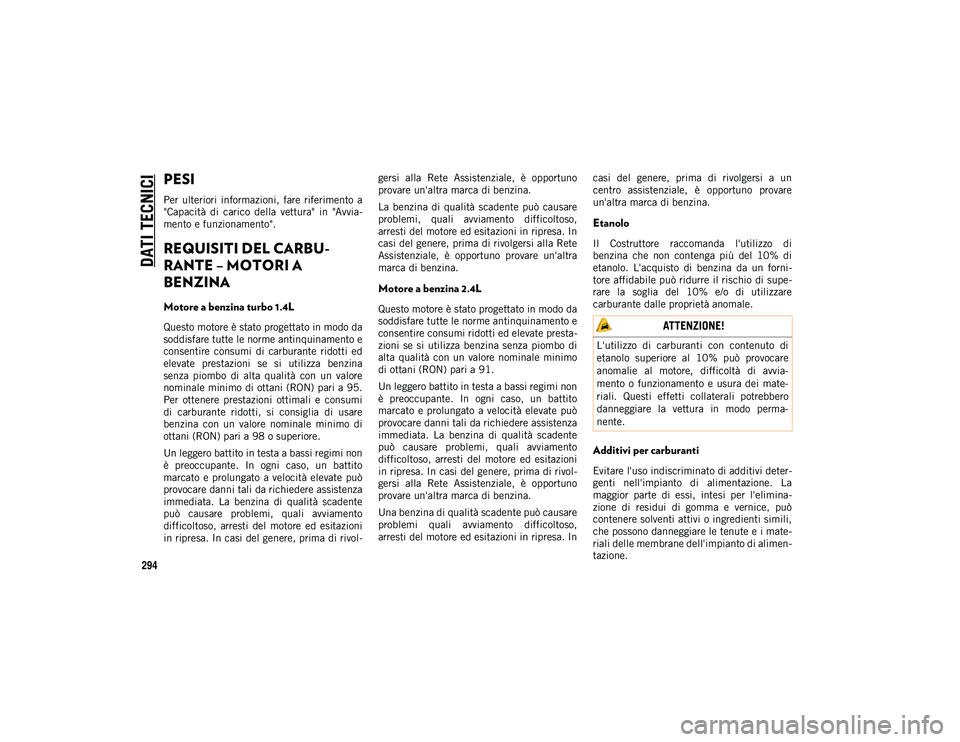 JEEP COMPASS 2020 Libretto Uso Manutenzione (in Italian) DATI TECNICI
294
PESI
Per ulteriori informazioni, fare riferimento a
"Capacità di carico della vettura" in "Avvia-
mento e funzionamento".
REQUISITI DEL CARBU -
RANTE – M JEEP COMPASS 2020 Libretto Uso Manutenzione (in Italian) DATI TECNICI
294
PESI
Per ulteriori informazioni, fare riferimento a
"Capacità di carico della vettura" in "Avvia-
mento e funzionamento".
REQUISITI DEL CARBU -
RANTE – M