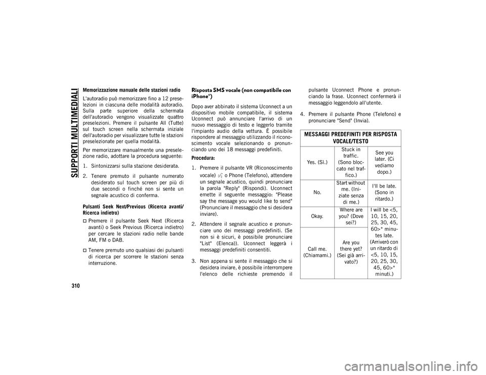 JEEP COMPASS 2020  Libretto Uso Manutenzione (in Italian) SUPPORTI MULTIMEDIALI
310
Memorizzazione manuale delle stazioni radio

L'autoradio può memorizzare fino a 12 prese-
lezioni  in  ciascuna  delle  modalità  autoradio.
Sulla  parte  superiore  de