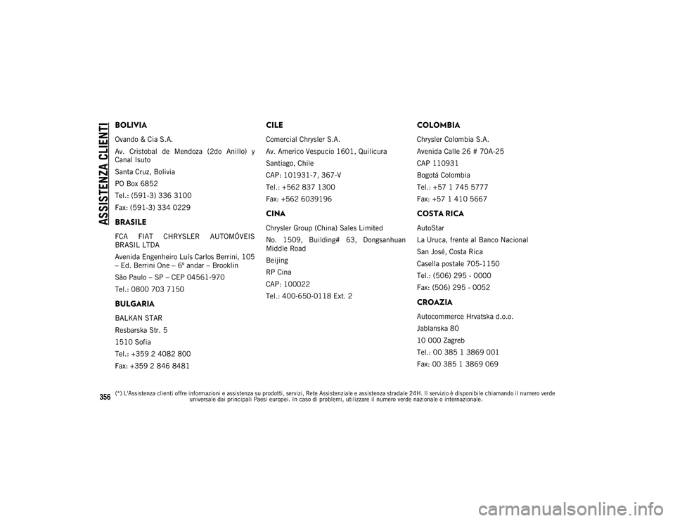 JEEP COMPASS 2020  Libretto Uso Manutenzione (in Italian) ASSISTENZA CLIENTI
356
BOLIVIA
Ovando & Cia S.A.
Av.  Cristobal  de  Mendoza  (2do  Anillo)  y
Canal Isuto
Santa Cruz, Bolivia
PO Box 6852
Tel.: (591-3) 336 3100
Fax: (591-3) 334 0229
BRASILE
FCA  FIA