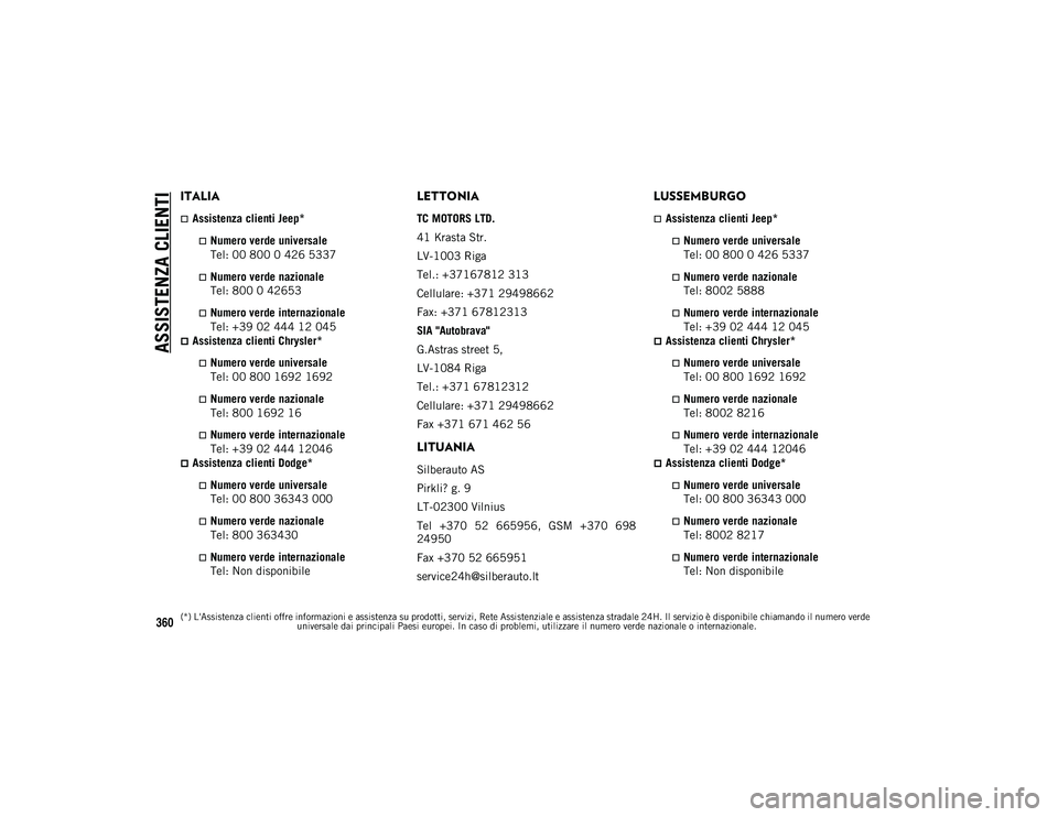 JEEP COMPASS 2020  Libretto Uso Manutenzione (in Italian) ASSISTENZA CLIENTI
360
ITALIA
Assistenza clienti Jeep*
Numero verde universale 
Tel: 00 800 0 426 5337
Numero verde nazionale  
Tel: 800 0 42653
Numero verde internazionale  
Tel: +39 02 4