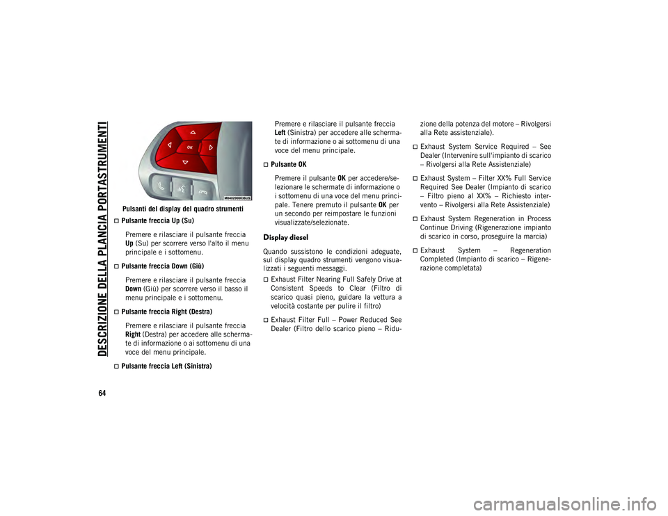 JEEP COMPASS 2020 Libretto Uso Manutenzione (in Italian) DESCRIZIONE DELLA PLANCIA PORTASTRUMENTI
64
Pulsanti del display del quadro strumenti
Pulsante freccia Up (Su)
Premere e rilasciare il pulsante freccia
Up (Su) per scorrere verso l'alto il m JEEP COMPASS 2020 Libretto Uso Manutenzione (in Italian) DESCRIZIONE DELLA PLANCIA PORTASTRUMENTI
64
Pulsanti del display del quadro strumenti
Pulsante freccia Up (Su)
Premere e rilasciare il pulsante freccia
Up (Su) per scorrere verso l'alto il m