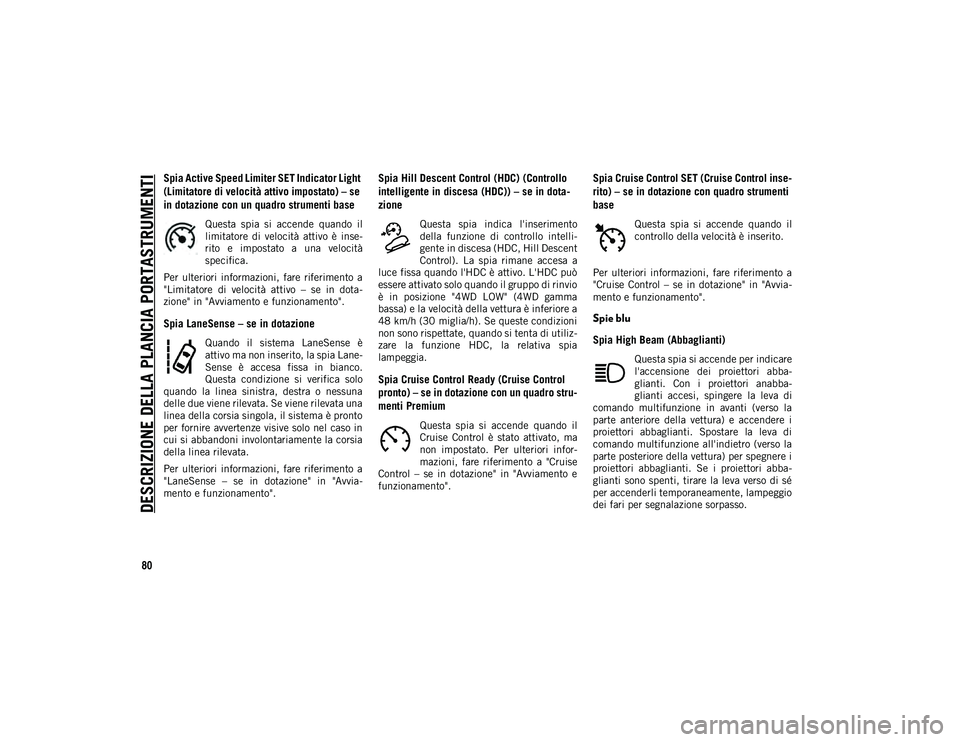 JEEP COMPASS 2020 Libretto Uso Manutenzione (in Italian) DESCRIZIONE DELLA PLANCIA PORTASTRUMENTI
80
Spia Active Speed Limiter SET Indicator Light
(Limitatore di velocità attivo impostato) – se
in dotazione con un quadro strumenti base
Questa spia si JEEP COMPASS 2020 Libretto Uso Manutenzione (in Italian) DESCRIZIONE DELLA PLANCIA PORTASTRUMENTI
80
Spia Active Speed Limiter SET Indicator Light
(Limitatore di velocità attivo impostato) – se
in dotazione con un quadro strumenti base
Questa spia si