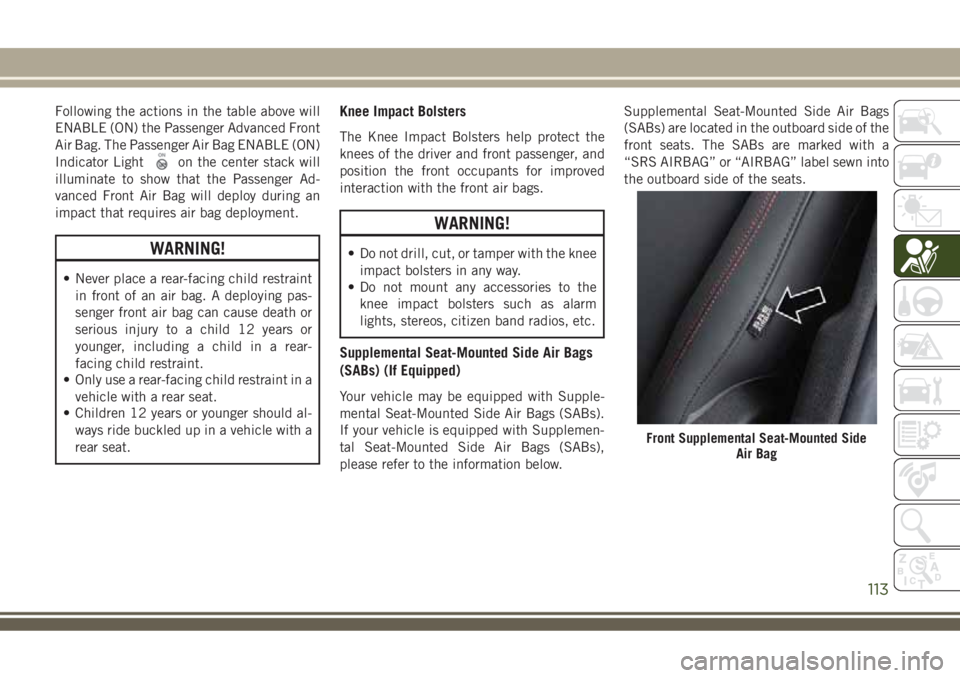 JEEP COMPASS 2018 Owner handbook (in English) Following the actions in the table above will
ENABLE (ON) the Passenger Advanced Front
Air Bag. The Passenger Air Bag ENABLE (ON)
Indicator Light
on the center stack will
illuminate to show that the P JEEP COMPASS 2018 Owner handbook (in English) Following the actions in the table above will
ENABLE (ON) the Passenger Advanced Front
Air Bag. The Passenger Air Bag ENABLE (ON)
Indicator Light
on the center stack will
illuminate to show that the P
