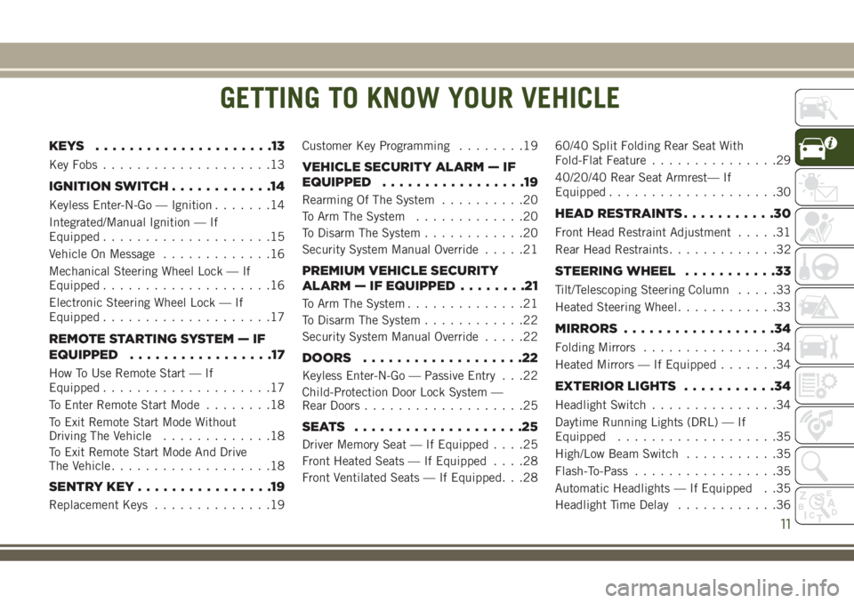 JEEP COMPASS 2018  Owner handbook (in English) GETTING TO KNOW YOUR VEHICLE
KEYS .....................13
Key Fobs....................13
IGNITION SWITCH............14
Keyless Enter-N-Go — Ignition.......14
Integrated/Manual Ignition — If
Equipp