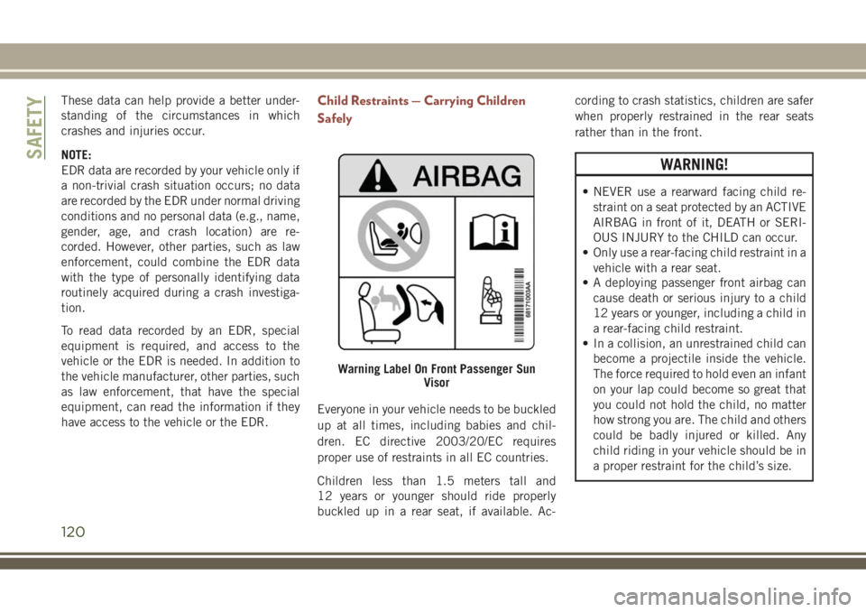 JEEP COMPASS 2018 Owner handbook (in English) These data can help provide a better under-
standing of the circumstances in which
crashes and injuries occur.
NOTE:
EDR data are recorded by your vehicle only if
a non-trivial crash situation occurs; JEEP COMPASS 2018 Owner handbook (in English) These data can help provide a better under-
standing of the circumstances in which
crashes and injuries occur.
NOTE:
EDR data are recorded by your vehicle only if
a non-trivial crash situation occurs;