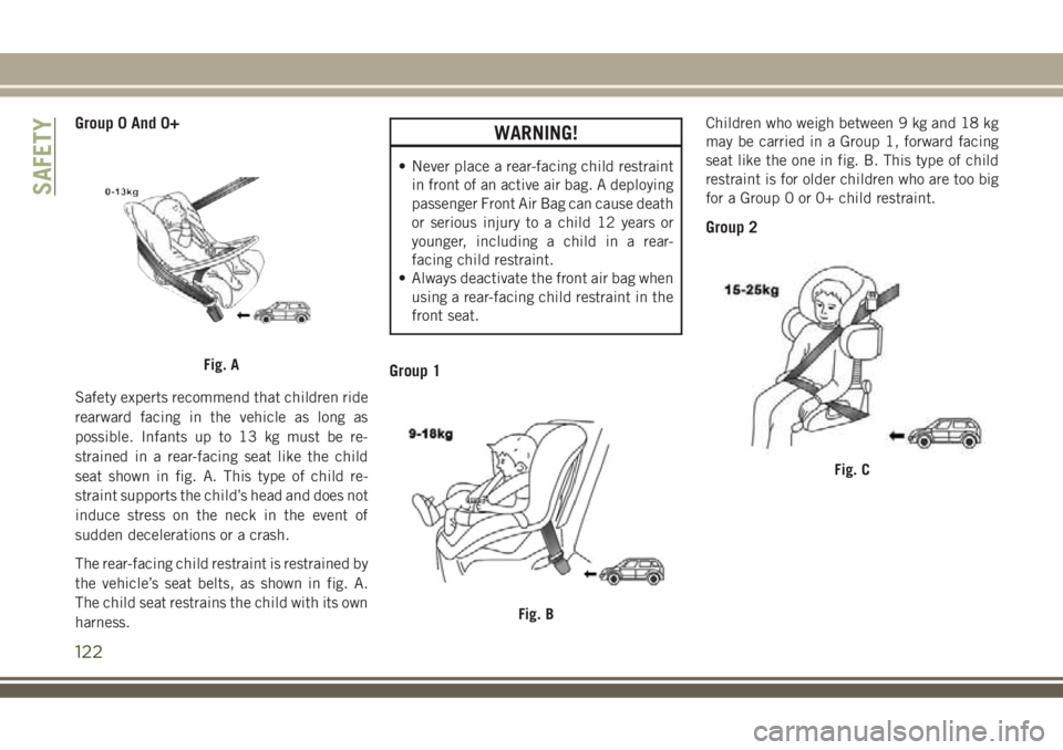 JEEP COMPASS 2018 Owner handbook (in English) Group 0 And 0+
Safety experts recommend that children ride
rearward facing in the vehicle as long as
possible. Infants up to 13 kg must be re-
strained in a rear-facing seat like the child
seat shown JEEP COMPASS 2018 Owner handbook (in English) Group 0 And 0+
Safety experts recommend that children ride
rearward facing in the vehicle as long as
possible. Infants up to 13 kg must be re-
strained in a rear-facing seat like the child
seat shown