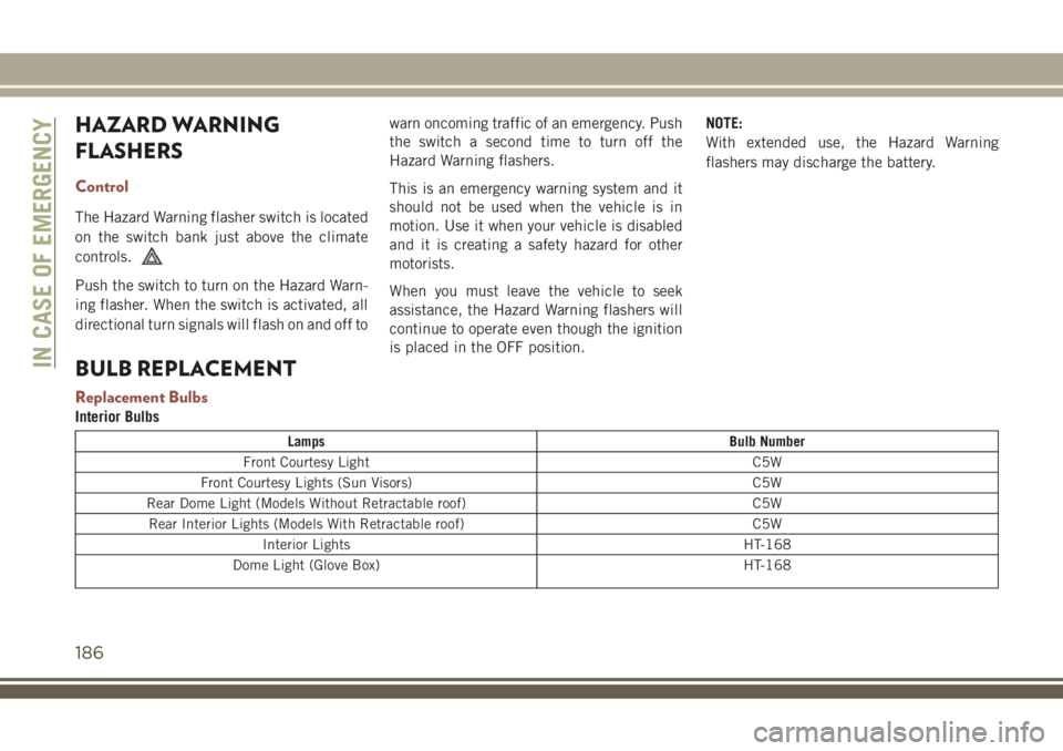 JEEP COMPASS 2018 Owner handbook (in English) HAZARD WARNING
FLASHERS
Control
The Hazard Warning flasher switch is located
on the switch bank just above the climate
controls.
Push the switch to turn on the Hazard Warn-
ing flasher. When the switc JEEP COMPASS 2018 Owner handbook (in English) HAZARD WARNING
FLASHERS
Control
The Hazard Warning flasher switch is located
on the switch bank just above the climate
controls.
Push the switch to turn on the Hazard Warn-
ing flasher. When the switc