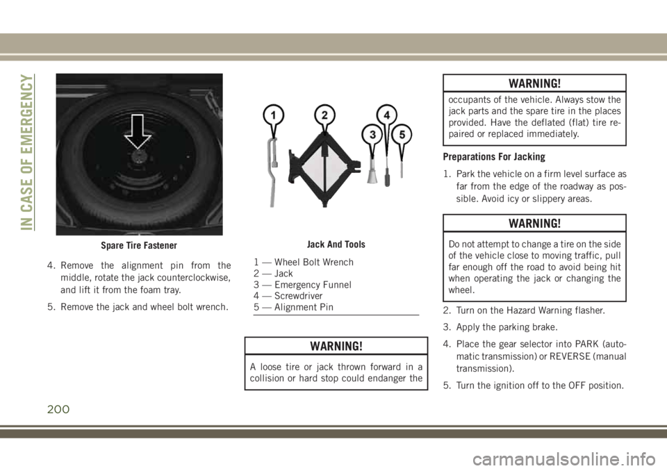 JEEP COMPASS 2018 Owner handbook (in English) 4. Remove the alignment pin from the
middle, rotate the jack counterclockwise,
and lift it from the foam tray.
5. Remove the jack and wheel bolt wrench.
WARNING!
A loose tire or jack thrown forward in JEEP COMPASS 2018 Owner handbook (in English) 4. Remove the alignment pin from the
middle, rotate the jack counterclockwise,
and lift it from the foam tray.
5. Remove the jack and wheel bolt wrench.
WARNING!
A loose tire or jack thrown forward in