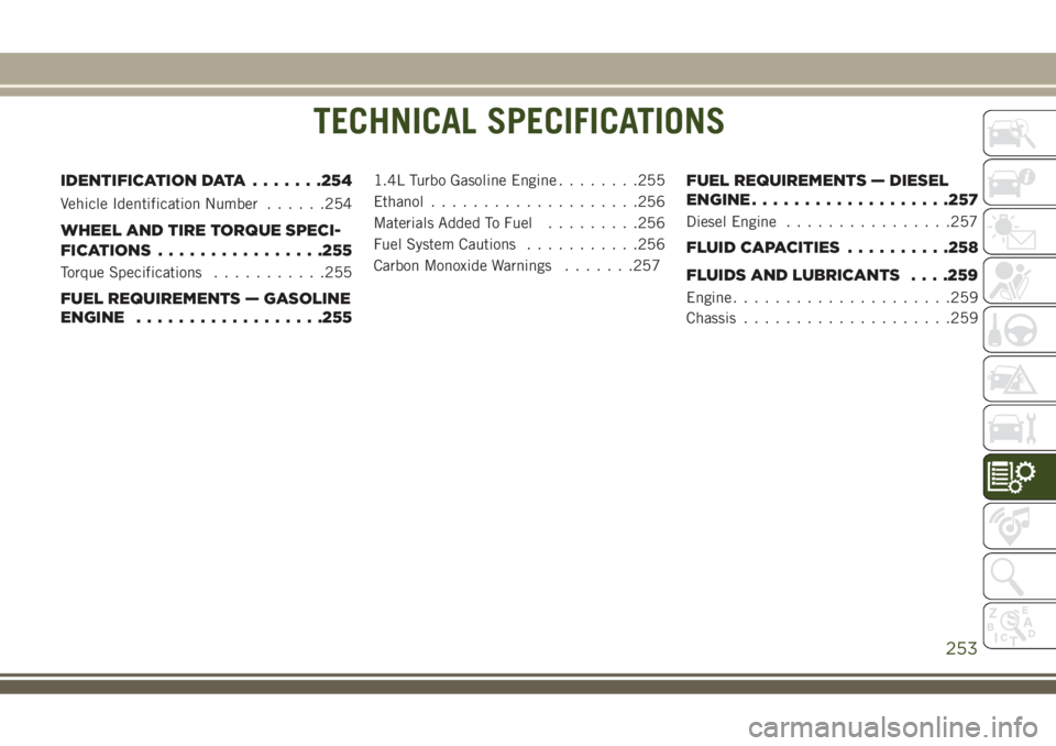 JEEP COMPASS 2018 Owner handbook (in English) TECHNICAL SPECIFICATIONS
IDENTIFICATION DATA.......254
Vehicle Identification Number......254
WHEEL AND TIRE TORQUE SPECI-
FICATIONS................255
Torque Specifications...........255
FUEL REQUIRE JEEP COMPASS 2018 Owner handbook (in English) TECHNICAL SPECIFICATIONS
IDENTIFICATION DATA.......254
Vehicle Identification Number......254
WHEEL AND TIRE TORQUE SPECI-
FICATIONS................255
Torque Specifications...........255
FUEL REQUIRE
