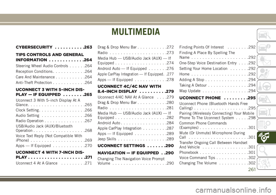 JEEP COMPASS 2018  Owner handbook (in English) MULTIMEDIA
CYBERSECURITY...........263
TIPS CONTROLS AND GENERAL
INFORMATION.............264
Steering Wheel Audio Controls......264
Reception Conditions............264
Care And Maintenance...........2