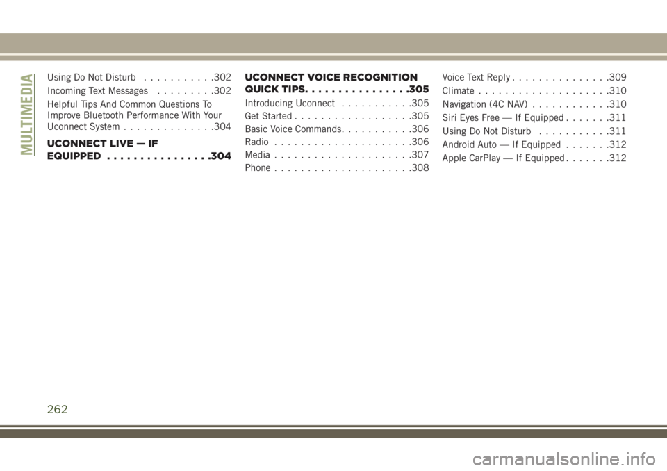 JEEP COMPASS 2018 Owner handbook (in English) Using Do Not Disturb...........302
Incoming Text Messages.........302
Helpful Tips And Common Questions To
Improve Bluetooth Performance With Your
Uconnect System..............304
UCONNECT LIVE — IF JEEP COMPASS 2018 Owner handbook (in English) Using Do Not Disturb...........302
Incoming Text Messages.........302
Helpful Tips And Common Questions To
Improve Bluetooth Performance With Your
Uconnect System..............304
UCONNECT LIVE — IF