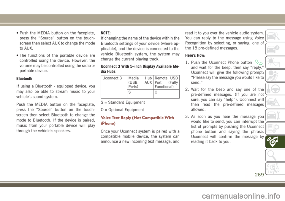 JEEP COMPASS 2018 Owner handbook (in English) • Push the MEDIA button on the faceplate,
press the “Source” button on the touch-
screen then select AUX to change the mode
to AUX.
• The functions of the portable device are
controlled using JEEP COMPASS 2018 Owner handbook (in English) • Push the MEDIA button on the faceplate,
press the “Source” button on the touch-
screen then select AUX to change the mode
to AUX.
• The functions of the portable device are
controlled using