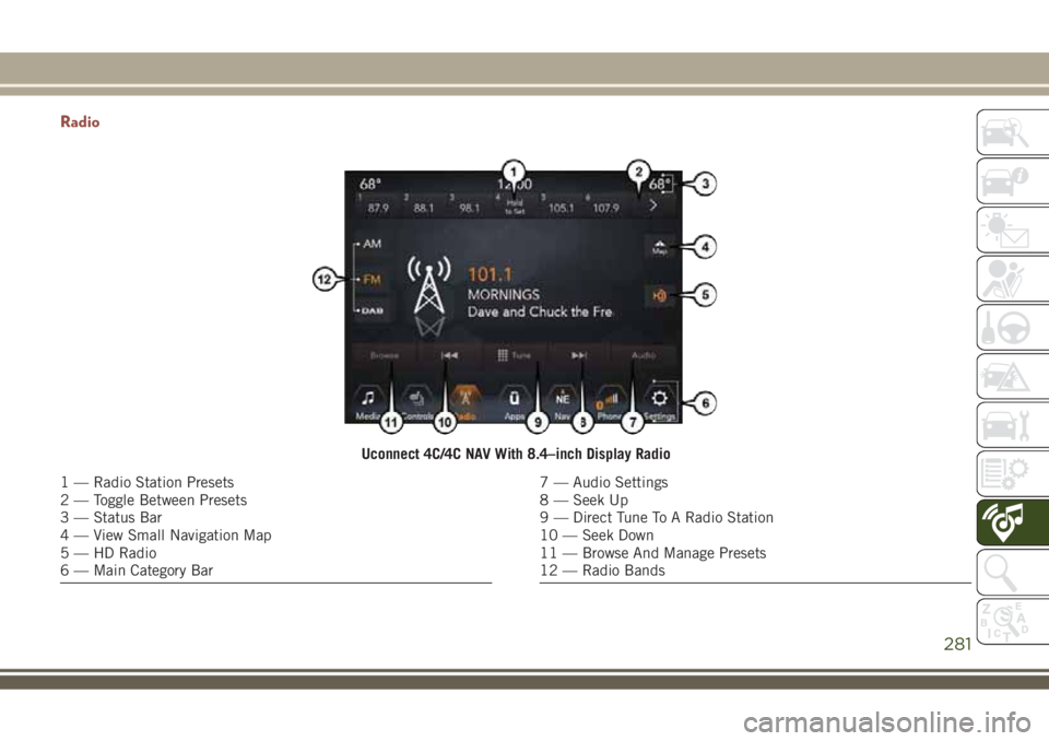 JEEP COMPASS 2018 Owner handbook (in English) Radio
Uconnect 4C/4C NAV With 8.4–inch Display Radio
1 — Radio Station Presets
2 — Toggle Between Presets
3 — Status Bar
4 — View Small Navigation Map
5 — HD Radio
6 — Main Category Bar7 JEEP COMPASS 2018 Owner handbook (in English) Radio
Uconnect 4C/4C NAV With 8.4–inch Display Radio
1 — Radio Station Presets
2 — Toggle Between Presets
3 — Status Bar
4 — View Small Navigation Map
5 — HD Radio
6 — Main Category Bar7