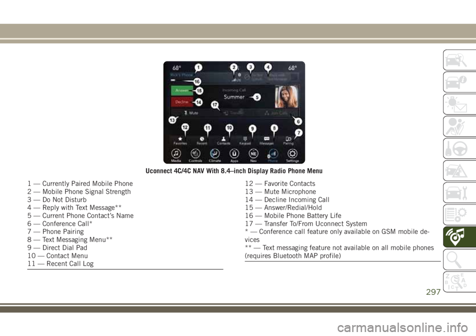 JEEP COMPASS 2018 Owner handbook (in English) Uconnect 4C/4C NAV With 8.4–inch Display Radio Phone Menu
1 — Currently Paired Mobile Phone
2 — Mobile Phone Signal Strength
3 — Do Not Disturb
4 — Reply with Text Message**
5 — Current Ph JEEP COMPASS 2018 Owner handbook (in English) Uconnect 4C/4C NAV With 8.4–inch Display Radio Phone Menu
1 — Currently Paired Mobile Phone
2 — Mobile Phone Signal Strength
3 — Do Not Disturb
4 — Reply with Text Message**
5 — Current Ph